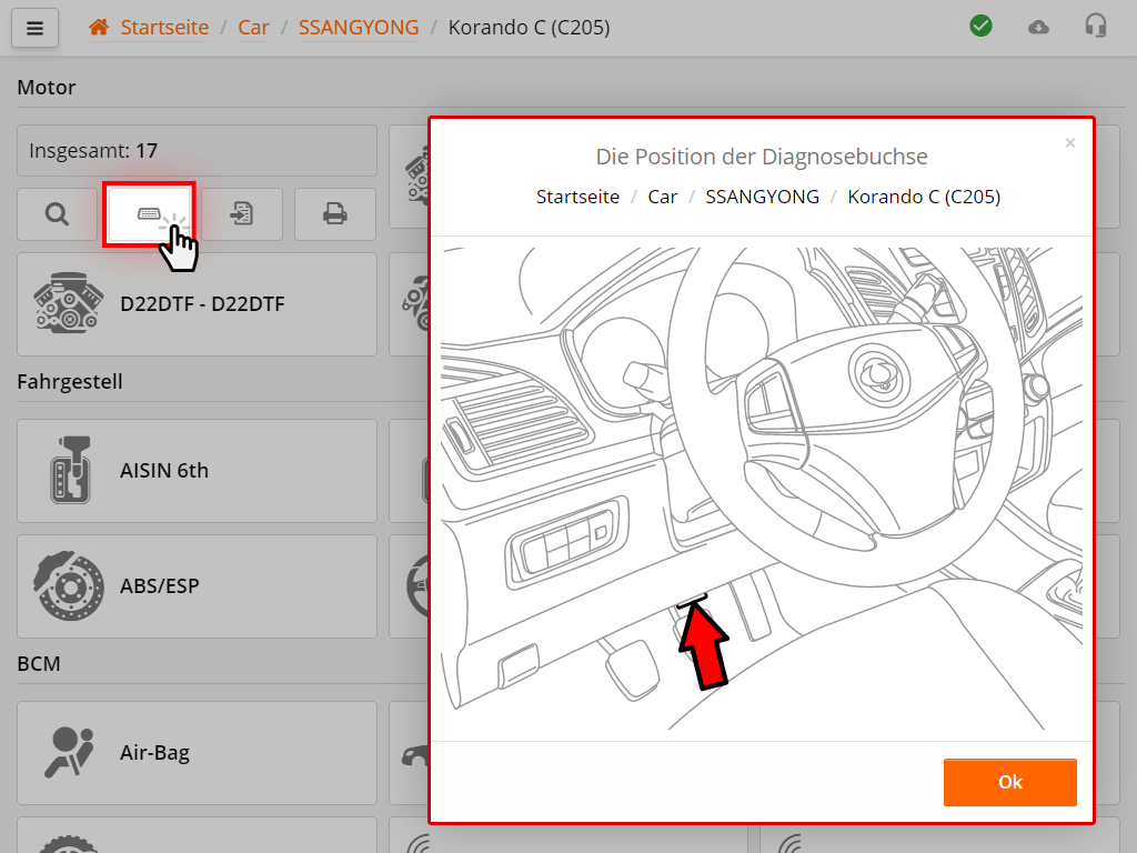 Location of the OBD-II connector in the selected car model